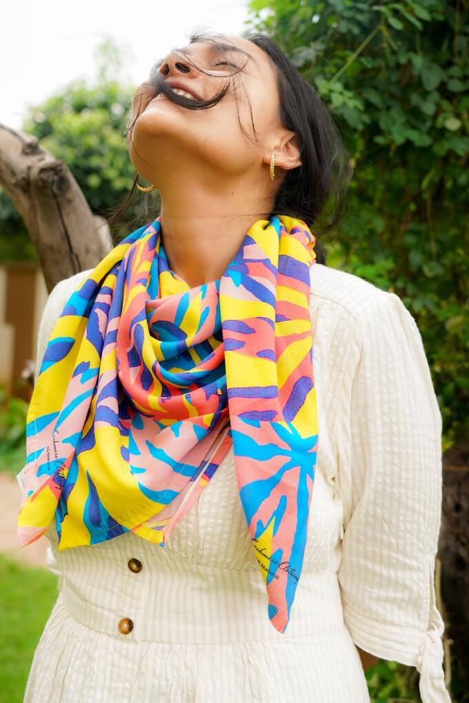 Colourful scarf as an ethical maximalist outfit