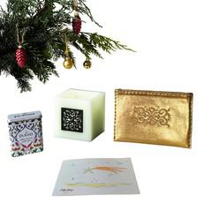 Christmas Gift Set: Wax Lantern, Leather Pouch, Tea & Hand-Painted Postcard via Abury