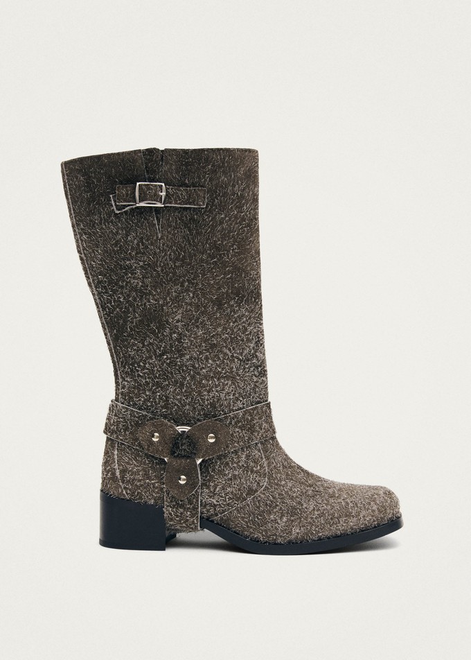 Rocky Suede Fuzzy Khaki Leather Boots from Alohas