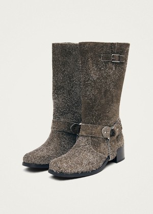 Rocky Suede Fuzzy Khaki Leather Boots from Alohas