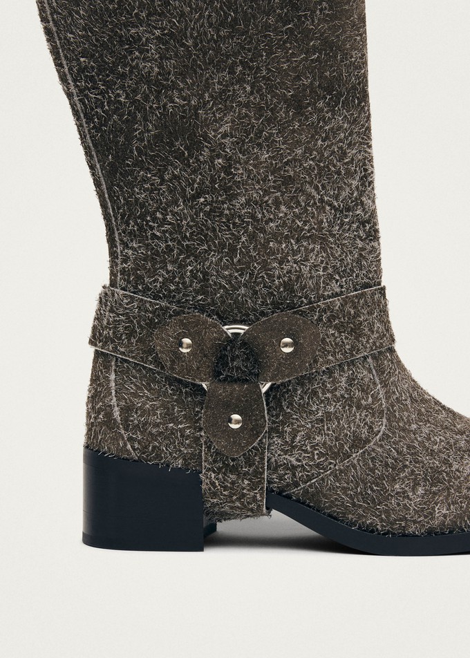 Rocky Suede Fuzzy Khaki Leather Boots from Alohas