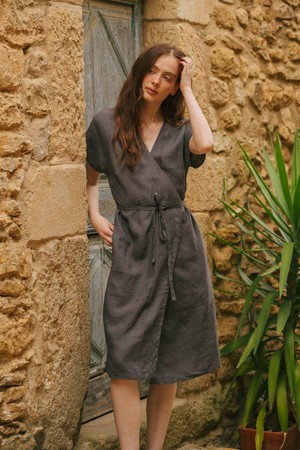 Olivia linen wrap dress in Charcoal from AmourLinen