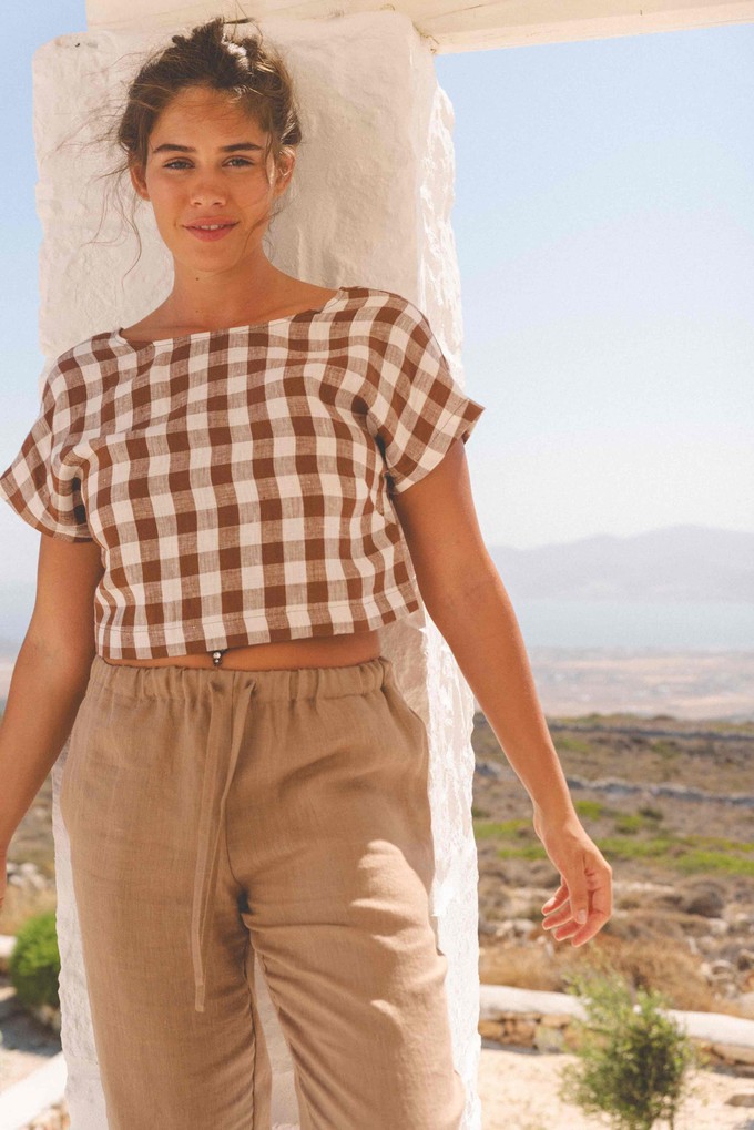 Lisa linen crop top in Mocha Gingham from AmourLinen