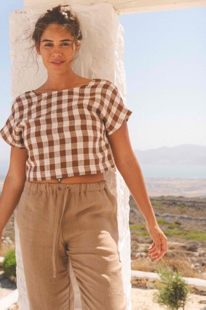 Lisa linen crop top in Mocha Gingham from AmourLinen