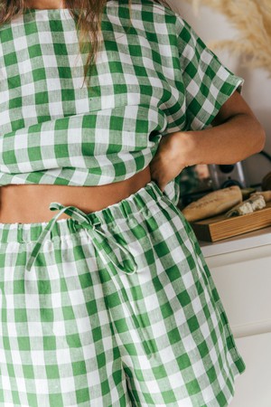 Cloud Nine short sleeve linen pajama set in Green Gingham from AmourLinen