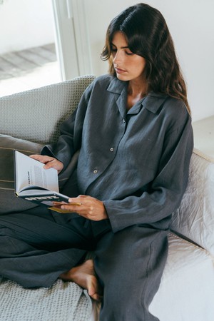Snooze long sleeve linen pajama set in Charcoal from AmourLinen