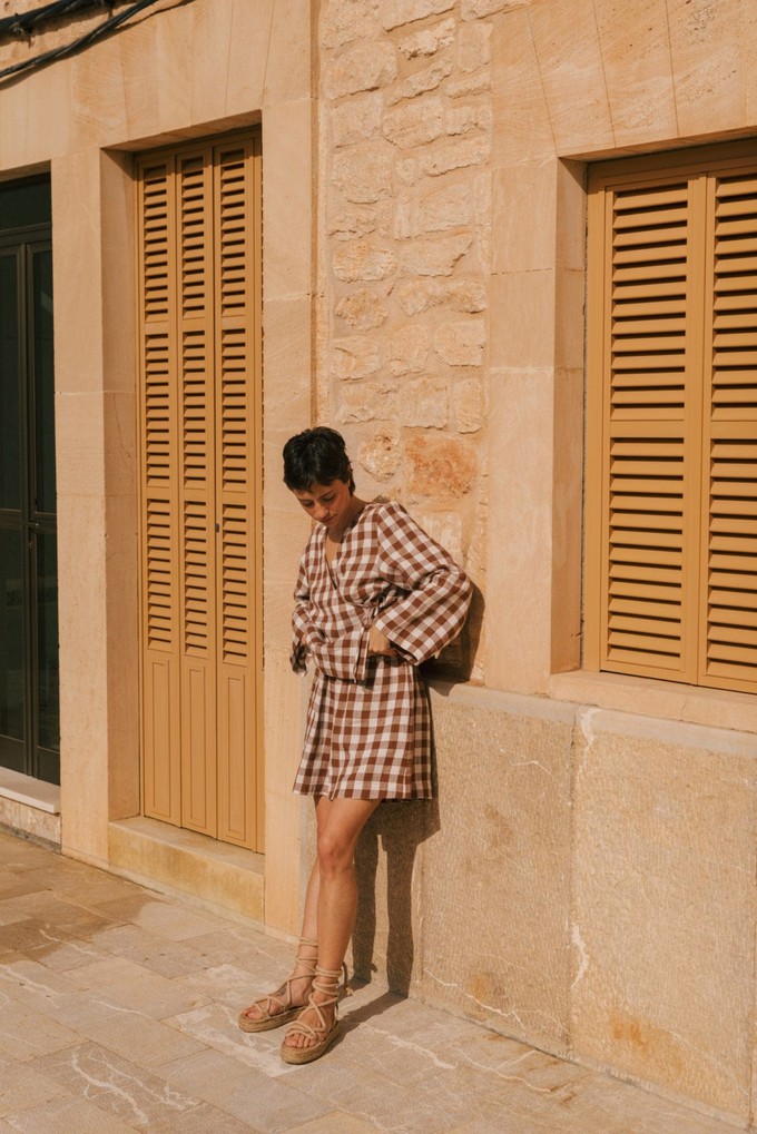 Adele linen wrap top in Mocha Gingham from AmourLinen