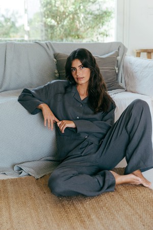 Snooze long sleeve linen pajama set in Charcoal from AmourLinen