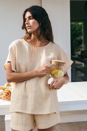 Cloud Nine short sleeve linen pajama set in Mustard from AmourLinen