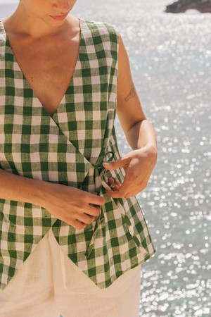Blanca sleeveless linen wrap top in Green Gingham from AmourLinen