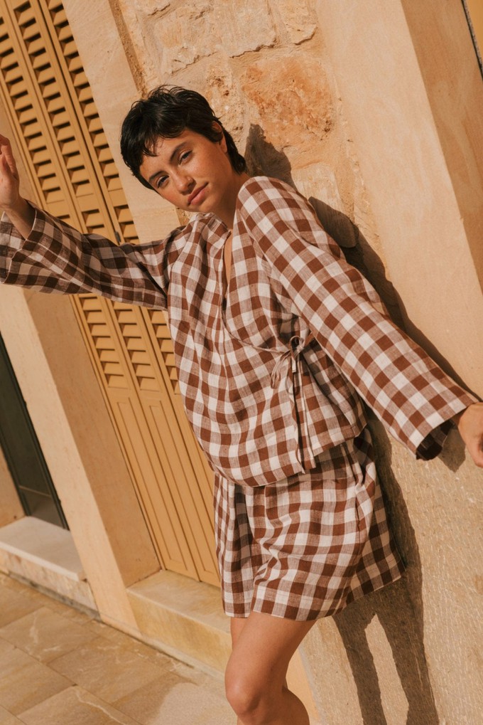Adele linen wrap top in Mocha Gingham from AmourLinen