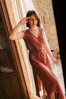 Aurora mid length linen dress in Terracotta via AmourLinen