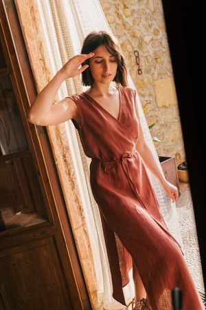 Aurora mid length linen dress in Terracotta from AmourLinen