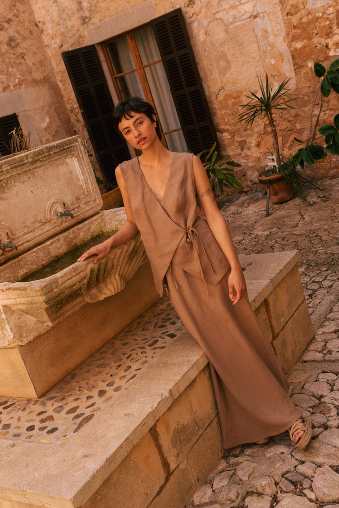 Blanca sleeveless linen wrap top in Rosy Brown from AmourLinen