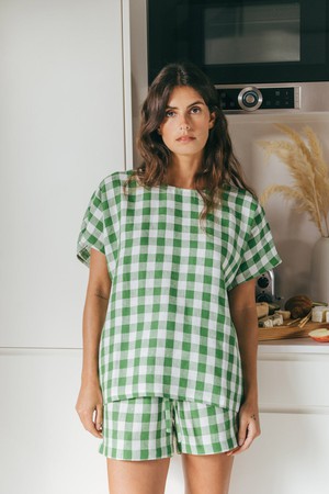 Cloud Nine short sleeve linen pajama set in Green Gingham from AmourLinen
