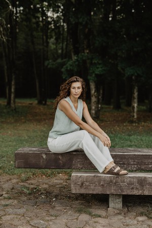 Tunis linen button vest top in Sage Green from AmourLinen