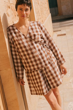 Adele linen wrap top in Mocha Gingham from AmourLinen