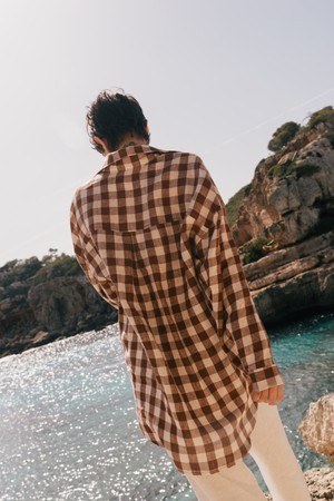 Molly oversized collar linen shirt in Mocha Gingham from AmourLinen