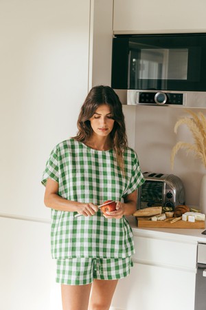 Cloud Nine short sleeve linen pajama set in Green Gingham from AmourLinen
