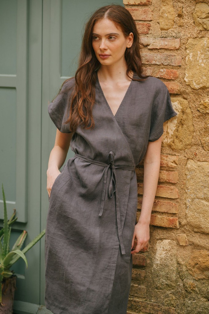 Olivia linen wrap dress in Charcoal from AmourLinen