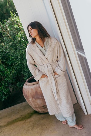 Snuggle linen waffle bathrobe in Cream from AmourLinen