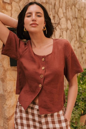 Maeve button linen top in Terracotta from AmourLinen