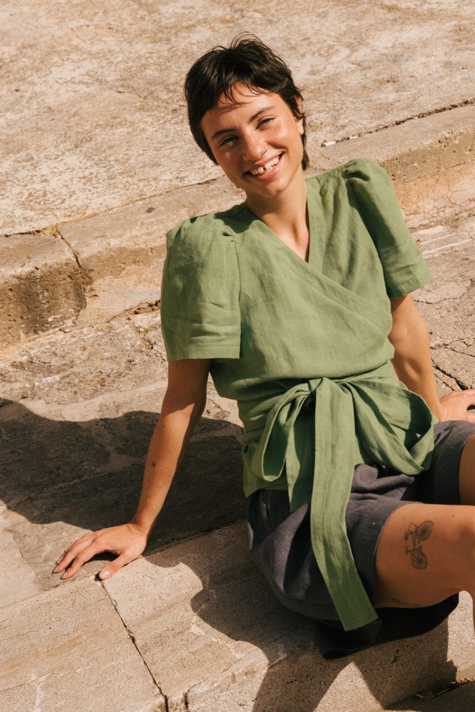 Elisa linen wrap top in Matcha Green from AmourLinen