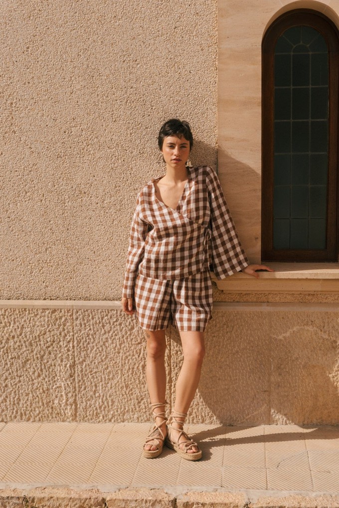 Adele linen wrap top in Mocha Gingham from AmourLinen