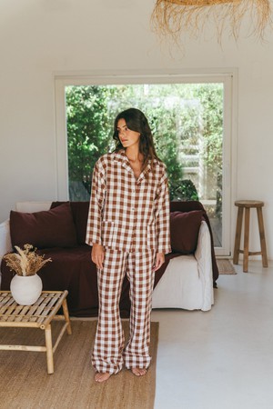Snooze long sleeve linen pajama set in Mocha Gingham from AmourLinen