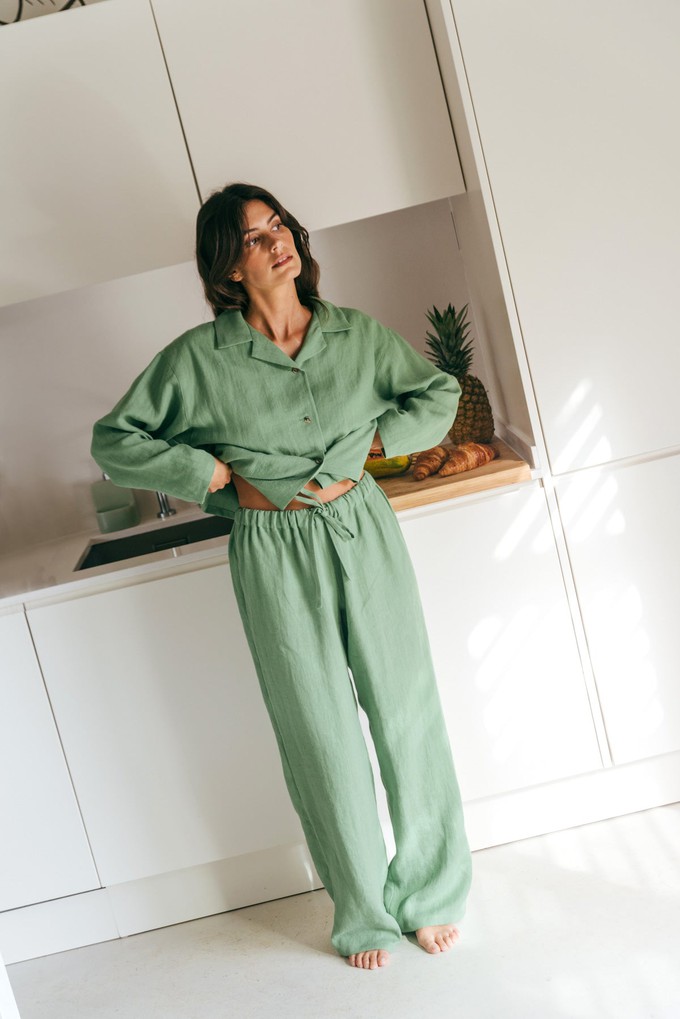 Snooze long sleeve linen pajama set in Matcha Green from AmourLinen