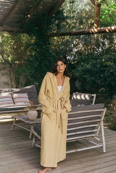 Snuggle linen waffle bathrobe in Mustard via AmourLinen