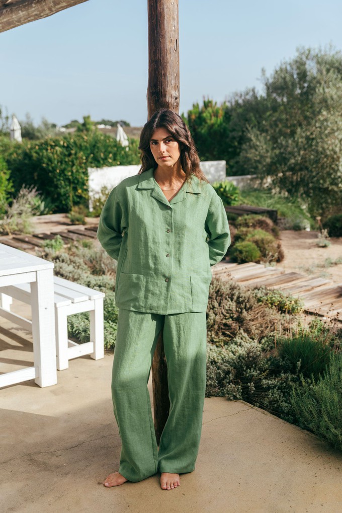 Snooze long sleeve linen pajama set in Matcha Green from AmourLinen