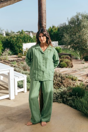 Snooze long sleeve linen pajama set in Matcha Green from AmourLinen