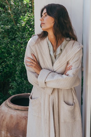 Snuggle linen waffle bathrobe in Cream from AmourLinen