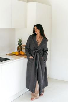 Snuggle linen waffle bathrobe in Charcoal via AmourLinen
