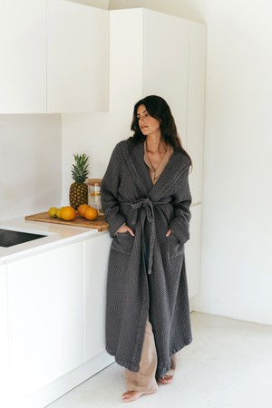 Snuggle linen waffle bathrobe in Charcoal from AmourLinen