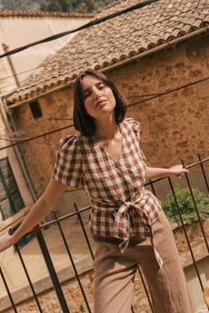 Elisa linen wrap top in Mocha Gingham via AmourLinen