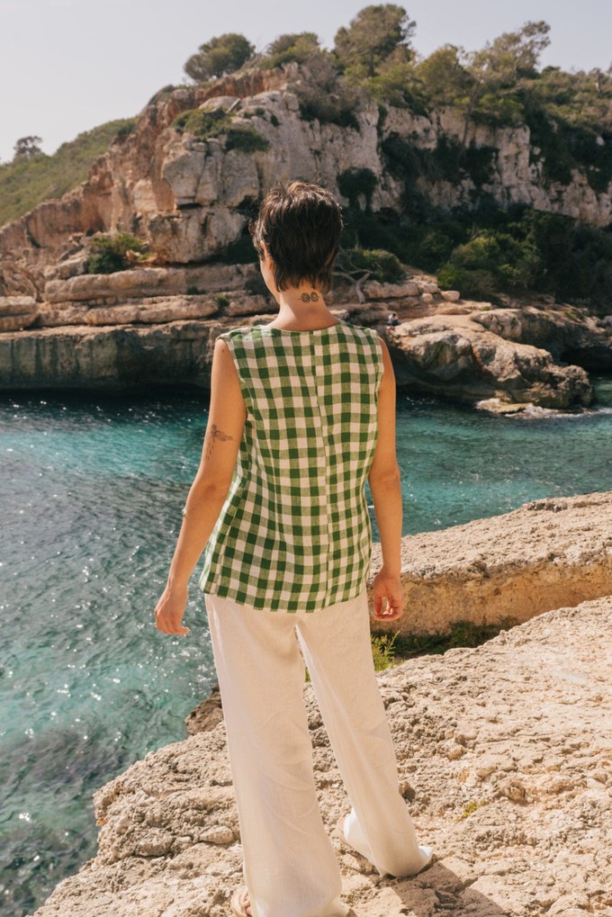 Blanca sleeveless linen wrap top in Green Gingham from AmourLinen