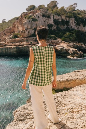 Blanca sleeveless linen wrap top in Green Gingham from AmourLinen