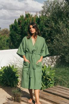 Midnight linen bathrobe in Matcha Green via AmourLinen
