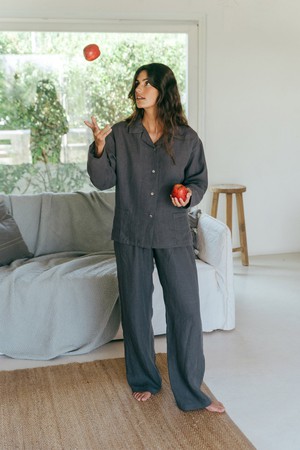 Snooze long sleeve linen pajama set in Charcoal from AmourLinen