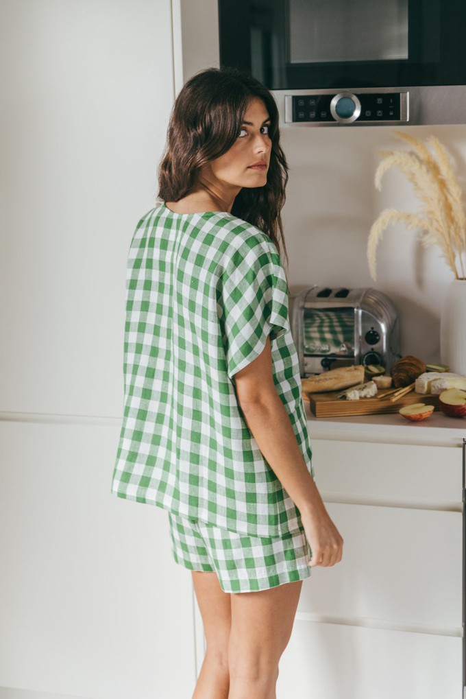 Cloud Nine short sleeve linen pajama set in Green Gingham from AmourLinen