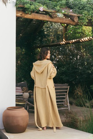 Snuggle linen waffle bathrobe in Mustard from AmourLinen