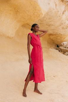 Aurora mid length linen dress in Viva Magenta via AmourLinen