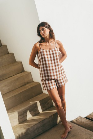 Night Owl sleeveless linen pajama set in Mocha Gingham from AmourLinen