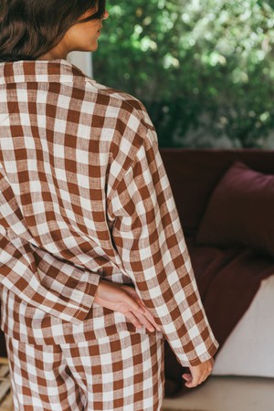 Snooze long sleeve linen pajama set in Mocha Gingham from AmourLinen