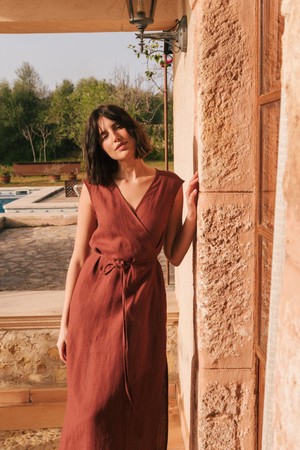 Aurora mid length linen dress in Terracotta from AmourLinen