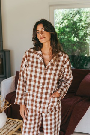 Snooze long sleeve linen pajama set in Mocha Gingham from AmourLinen