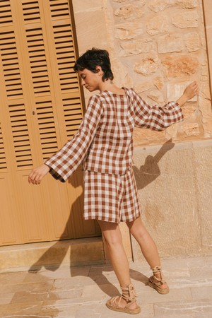 Adele linen wrap top in Mocha Gingham from AmourLinen