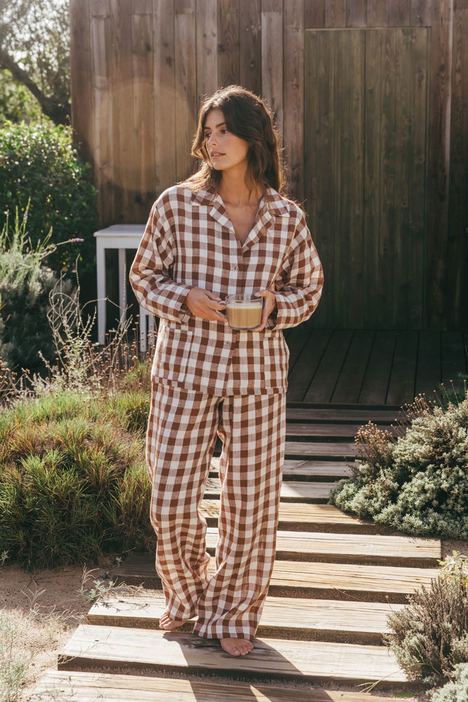 Snooze long sleeve linen pajama set in Mocha Gingham from AmourLinen